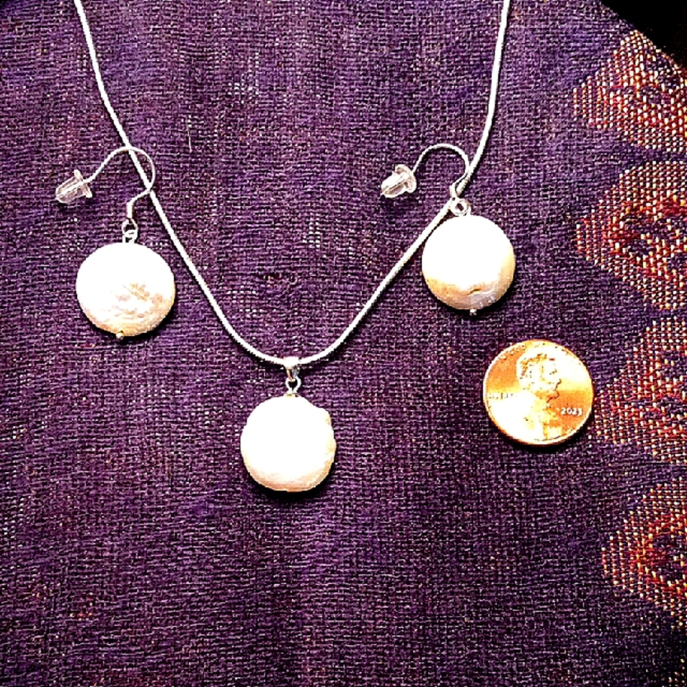 Genuine Coin Pearl Necklace and Earring Set